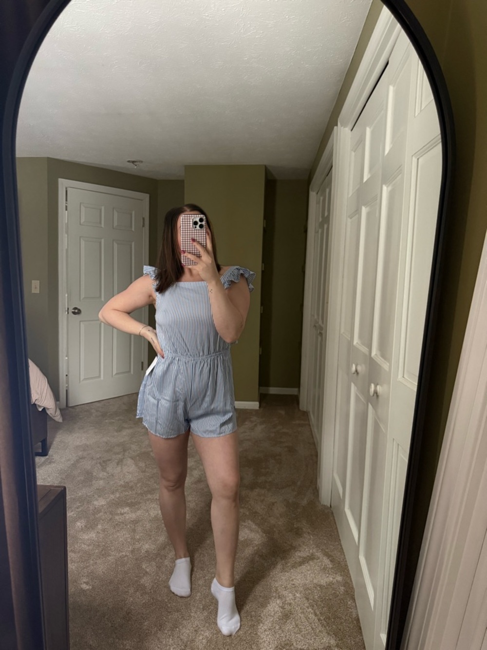 H&M Blue and White Striped Sleeveless Romper with Ruffle Shoulders